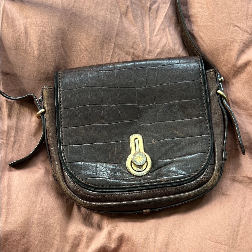 Stuart Weitzman Brown Croc-Embossed Leather Crossbody with Gold Hardware